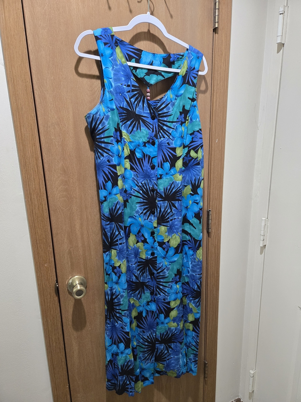 Vintage 90s ERIKA DRESSES Tropical Maxi Dress Medium Rayon Button Up Beaded Cuto
